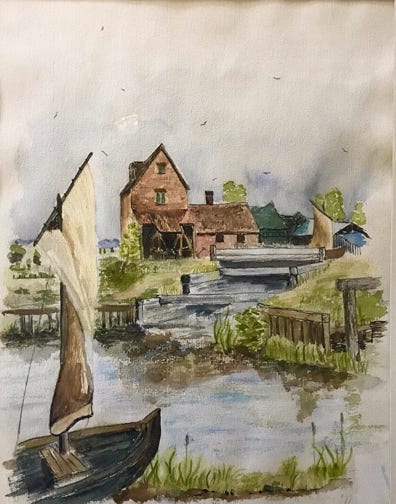 Orginal boat on a pond watercolor artwork by Matt Skulski. 