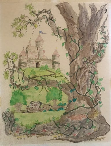 Orginal watercolor artwork of a castle and tree by Matt Skulski. 