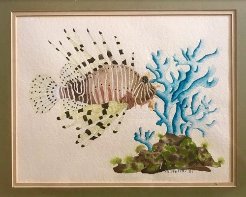 Matt Skulski lion fish 2020 Watercolor on canvas 100 x 160 inches